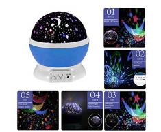 Lámpara de Noche,Sunvito Romántica Rotación de Estrellas Luna Cielo Proyector a Bebés Niños Dormitorios(4 Gotas Brillantes LED 3 Modelo de Luz Cargadas por Patería de DC5V/AAA y USB Cable) (Azul)