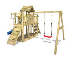 WICKEY Parque infantil Smart Twister Torre de escalada con columpio y tobogán, techo de madera y cajón de arena, tobogán azul