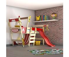 WICKEY Cama para jugar con tobogán CrAzY Smoky Cama infantil 90x200 Cama alta niños con somier y un completo kit de accesorios, coche de bomberos, rojo + tobogán rojo