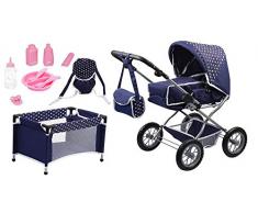 Bayer Design- Cochecito de muñeca, Combi Grande, Mega Set 13 en 1, Color Azul, 77 x 43 x 75 cm (15051AB)