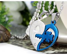 Flongo Collar con Colgante, Corazón Azul Plateado Rompecabezas, Acero Inoxidable Colgante La Llave a su corazón, Regalo para Enamorados
