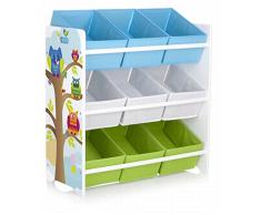 Leomark Estantería de Madera para Niños, Blanca Búhos, con 9 Contenedores, Tres Estantes, Altura 68 cm, Librero para Dormitorio