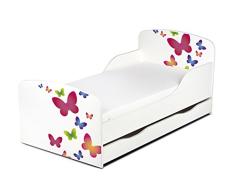Leomark Cama Infantil Completa de Madera - Mariposas - Marco de Cama, Colchón, Somier, cajón, Blanco Muebles para Niños, Moderno Dormitorio, Impresa Mobiliario, Espacio para Dormir: 140/70 cm