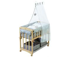 Cuna de colecho roba 4 en 1, con vestiduras Jumbotwins, utilizable como cuna de colecho, cuna balancin, cuna normal y banco para niños, fabricada en madera, acabado natural y con vestiduras completas, y ropa de cuna de (80x80cm)
