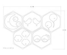 Panelados - Teselado decorativo de pared para dormitorio de bebé. Motivos infantiles. Composición DIY. Autoadhesivo. 5 piezas hexagonales de 30 x 26 cm.