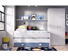 HABITMOBEL Conjunto Dormitorio Juvenil, Cama Nido 2 cajones + Armario 2 Puertas 90 cm,Artic y Azul Suave