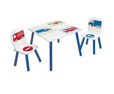 Hello Home Vehículos, Conjunto Infantil de Mesa y Dos sillas , Madera, Blanco, 63 x 63 x 52 cm