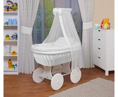 WALDIN Cuna Moisés, carretilla portabebés XXL,18 modelos a elegir,Madera/ruedas lacado en blanco,color textil blanco