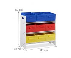 Relaxdays Estantería Infantil con Cajas, Cestas Plegables, Tubos de Metal, MDF, 62x63x28 cm, Blanco/Multi-Color
