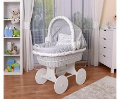 WALDIN Cuna Moisés, carretilla portabebés XXL, 26 modelos a elegir,Madera/ruedas lacado en blanco,color textil gris/estrellas-gris