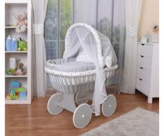 WALDIN Cuna Moisés, carretilla portabebés XXL, 44 colores a elegir,Madera/ruedas lacado en gris,color textil gris/estrellas-gris