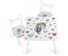 Leomark Conjunto Infantil de Mesa y Dos Sillas Madera Juego de Muebles Infantiles para Cuarto de Los Niños Estable Diversión y Aprendizaje Unicornio