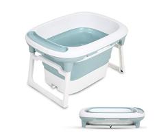 Bañera Bebe Plegable, RuiDaXiang Bañera Plegable para Niños con Cojín de Baño Suave y Taburete Antideslizante de Baño (Azul)