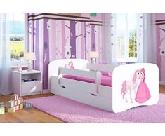 Cama blanca para niños Cama infantil Cama individual para niños Princess con colchón y cajón incluidos - BD, (160x80, Princesa y caballo)