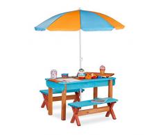 Relaxdays Mobiliario Infantil para jardín, Set con Mesa, Dos Bancos y sombrilla, Muebles de Exterior, Madera