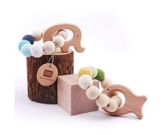Mamimami Home 2pc del bebé Mordedor de madera anillo de dentición de los granos de ganchillo de madera de juguete de pescado elefante del traqueteo de los juguetes orgánicos para bebés