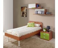 Dormitorio juvenil completo color cerezo y verde: cama 90x190cm + mesita de noche + sifonier cómoda + 2 estantes de pared (tiradores blancos transparetes)