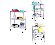SONGMICS Estantería de metal de cocina cromado 3 niveles ajustables con ruedas 60 x 35 x 81 cm Color plateado LGR03C