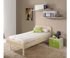 Dormitorio juvenil completo color arce y verde: cama 90x190cm + mesita de noche + sifonier cómoda + 2 estantes de pared (tiradores blancos transparentes)
