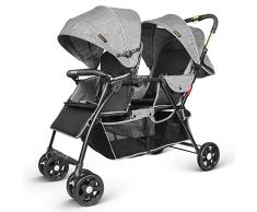 Besrey Silla de paseo gemelar plegable, carrito gemelos doble, silla Carrito gemelar, ligera y compacta con Barrera