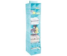 mDesign Organizador colgante con 7 estantes y 3 cajones – Armario perchero de tela con estampado de lunares – Colgador para zapatos ideal para el dormitorio infantil – azul turquesa con puntos blancos
