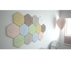 Panelados - Teselado decorativo de pared para dormitorio de bebé. Motivos infantiles. Composición DIY. Autoadhesivo. 13 piezas hexagonales de 30 x 26 cm.