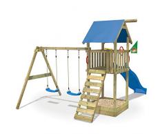 WICKEY Torre para Smart Empire con tobogán, columpio doble y caja de arena, diapositiva azul + lona azul