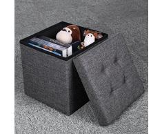 Songmics Baúl Puff Taburete de almacenamiento Otomana plegable y reposapiés Textil Lino Gris oscuro 38 x 38 x 38 cm LSF27Z