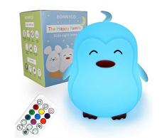 Luz Nocturna Infantil con Control Remoto y Táctil 9 Colores – BONNYCO | Luz Quitamiedos Bebé con Temporizador | Lámpara Infantil Silicona 100% Segura, Regalos para Bebés, Niños y Niñas (Pingüino)