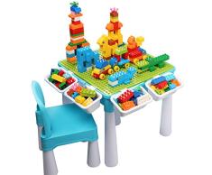 Juego de mesa de actividades múltiples 5 en 1 para niños, 128 piezas de bloques de construcción grandes Compatible con ladrillos de juguete, Incluye 1 silla y mesa de bloques de con almacenamiento