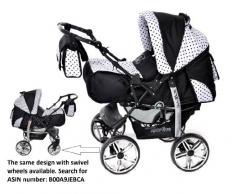 Baby Sportive - Sistema de viaje 3 en 1, silla de paseo, carrito con capazo y silla de coche, RUEDAS ESTÁTICAS y accesorios, color negro, blanco, lunares