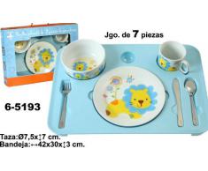 DONREGALOWEB Vajilla Infantil de Porcelana Compuesto por 7 Piezas (3 Cubiertos, Plato, Bol, Taza y Bandeja de melamina) en Color Azul. Medidas de la Bandeja: 42x30x3 cm