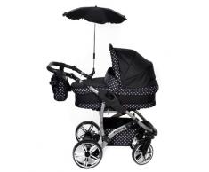 Baby Sportive - Sistema de viaje 3 en 1, silla de paseo, carrito con capazo y silla de coche, RUEDAS GIRATORIAS, parasol y accesorios, color negro, lunares