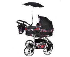 Baby Sportive Twing - Sistema de viaje 3 en 1, silla de paseo, carrito con capazo y silla de coche, RUEDAS GIRATORIAS, parasol y accesorios, color negro, flores rojas, blancas, grises