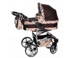 Baby Sportive Twing - Sistema de viaje 3 en 1, silla de paseo, carrito con capazo y silla de coche, RUEDAS GIRATORIAS, parasol y accesorios, color marrón, estampado