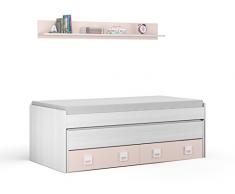 Cama nido con cajones y estantería incluida color blanco y rosa paste, conjunto dormitorio infantil juvenil (medida: 199cm de ancho x 69cm de altura x 96cm de fondo)