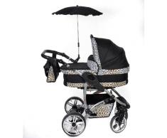 Baby Sportive - Sistema de viaje 3 en 1, silla de paseo, carrito con capazo y silla de coche, RUEDAS GIRATORIAS, parasol y accesorios, color negro, leopardo