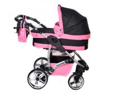 Baby Sportive - Sistema de viaje 3 en 1, silla de paseo, carrito con capazo y silla de coche, RUEDAS GIRATORIAS y accesorios, color negro, rosa