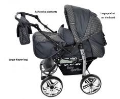Kamil - Sistema de viaje 3 en 1, silla de paseo, carrito con capazo y silla de coche, RUEDAS ESTÁTICAS y accesorios (Sistema de viaje 3 en 1, gris, lunares)
