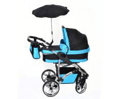 Baby Sportive - Sistema de viaje 3 en 1, silla de paseo, carrito con capazo y silla de coche, RUEDAS GIRATORIAS, parasol y accesorios, color negro, azul