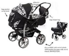 Baby Sportive - Sistema de viaje 3 en 1, silla de paseo, carrito con capazo y silla de coche, RUEDAS ESTÁTICAS y accesorios, color negro, flores blancas