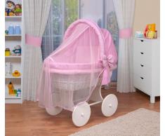 WALDIN Cuna Moisés, carretilla portabebés XXL, 44 colores a elegir,Madera/ruedas lacado en blanco,color textil rosa/a cuadros
