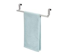 iDesign Barra toallero para puerta, pequeño toallero de baño y cocina de acero, colgador de paños de cocina para colocar en la puerta del armario, plateado mate