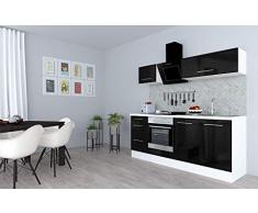 respekta Cocina Pequeña Cocina Bloque de Cocina Cocina Amueblada y Equipada Alto Brillo 210cm Blanco - Negro, 210 cm