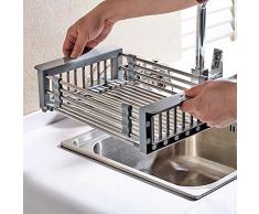 Angmile Cesta de fregadero ajustable multiusos Bandeja de drenaje de acero inoxidable Plato flexible Estante de secado de frutas y verduras Cocina Herramientas prácticas Suministros