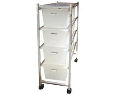 Laroom Carrito Estrecho 4 cajones, Chrome Acero Inoxidable Structure y PP Drawers, Blanco