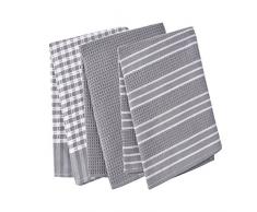Paños de cocina, 100% algodón, de tejido de lino, diseño vintage, se pueden utilizar como plato de té toallas/trapo de cocina, 3 unidades, en gran tamaño 45 x 65 cm, 100% algodón, Gris, 45x65cm