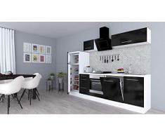 respekta Cocina Pequeña Cocina Bloque de Cocina Cocina Amueblada y Equipada Alto Brillo 280cm Blanco - Negro, 280 cm