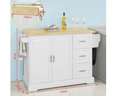 SoBuy Carrito de Cocina, Estantería de Cocina, Aparador con Ruedas, H91cm x L106cm x P46,Blanco,FKW41-WN,ES