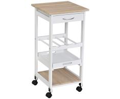 HOMCOM Carrito de Cocina Carro de Servicio de 4 Niveles con Ruedas Giratorias Cajón Estantes Botellero Almacenaje para Cocina Sala de Estar Comedor 37x37x76 cm Blanco